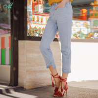 茵曼夏装设计感个性剪裁小脚弹力九分裤牛仔裤女裤铅笔裤