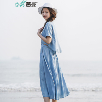 茵曼夏季新款设计感后背镂空假两件chic牛仔连衣裙女中长裙