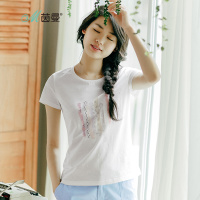 茵曼2018夏装新款圆领文艺范绣花百搭纯棉短袖白色T恤女上衣修身