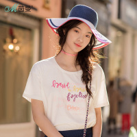 茵曼夏装新款圆领时尚字母印花纯棉短袖白色T恤女潮学生宽松