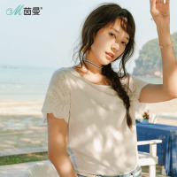 茵曼夏装纯棉绣花拼接短袖宽松开叉摆T恤女短款百搭小衫
