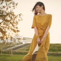 茵曼棉素系列夏装新款系带短袖大A摆优雅气质连衣裙女中长裙