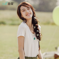 茵曼夏装U领百搭小清新印花显瘦短袖文艺T恤女短款基本款