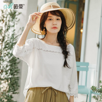 茵曼夏装一字领文艺花边拼接七分袖宽松大T恤女bf风显瘦