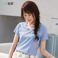 茵曼夏装基本款舒适纯棉小V领百搭绣花合体T恤女短袖上衣