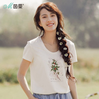 茵曼夏装弹性棉圆领文原创文艺范植物印花短袖T恤女宽松