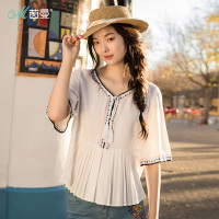 茵曼夏装新款流苏系带绣花花边V领宽松皱褶摆衬衣套头衬衫女
