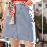 茵曼夏装新款浅色个性剪裁毛边A摆半身裙女牛仔裙短裙配腰带
