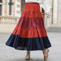 茵曼夏装纯棉橡筋腰浪漫大裙摆拼接渐变色半身裙百褶长裙
