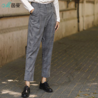 茵曼2018春装新款英伦风条纹格子九分裤子女宽松灰色休闲裤韩版