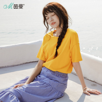 茵曼夏装文艺T恤女短袖舒适全棉宽松显瘦拼接百搭ins上衣
