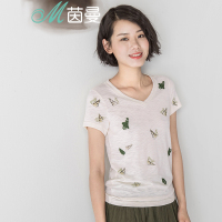 茵曼夏装清新复古文艺范小V领纯棉短袖T恤女修身夏季印花衫上衣