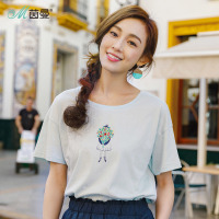 茵曼夏装新款圆领纯棉文艺印绣花宽松落肩气质短袖T恤女上衣