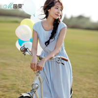 茵曼夏装圆领绣花木耳边显瘦全棉无袖连衣裙中长裙仙气裙