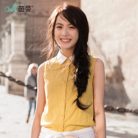 茵曼夏装新款撞色绣花翻领提花棉布无袖衬衫女姜黄色衬衣短款
