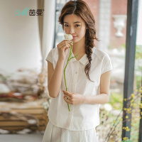 茵曼夏装新款纯棉文艺范绣花翻领包袖衬衣短袖白衬衫女短款