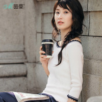 茵曼2018春装新款撞色波浪花边圆领五分袖修身坑纹针织毛衣女打底