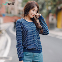 茵曼2018春装新款文艺范圆领横细条纹纯棉针织卫衣女套头宽松上衣