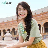 茵曼春装新款清新文艺气质植物绣花V领纯棉短袖T恤女短款上衣