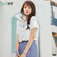 茵曼2018夏新款圆领舒适棉质复古文艺范印绣百搭短袖T恤女宽松