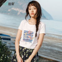 茵曼2018夏装新款弹性棉圆领精致植物刺绣百搭短袖文艺T恤女上衣