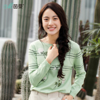 茵曼2018春新款月季提花条纹套头圆领毛衣女长袖薄款针织打底衫