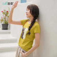 茵曼短袖T恤女夏季新品弹性棉圆领显瘦文艺色块印花上衣学生