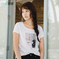 茵曼夏装新款圆领印花宽松百搭舒适透气弹性棉短袖T恤女上衣
