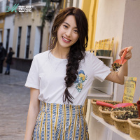 茵曼基本款短袖T恤女夏季新品弹性棉圆领植物刺绣花百搭上衣