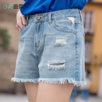 茵曼夏装新款磨白时尚个性破洞毛边牛仔短裤女超短裤热裤显瘦