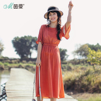 茵曼春装圆领喇叭袖韩版时尚气质连衣裙收腰显瘦中长裙女_1