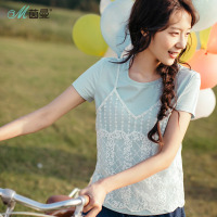 茵曼夏淑女花边蕾丝V领透视小吊带圆领短袖T恤两件套女