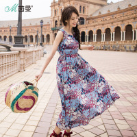 茵曼夏装无袖收腰复古大花印花显瘦度假风飘逸连衣裙长裙_1