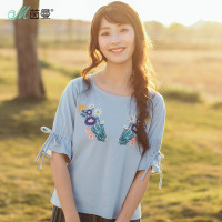 茵曼春装纯棉T恤女短袖小雏菊绣花蝴蝶结喇叭袖恤衫上衣