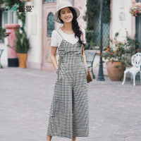 茵曼夏装新款侧腰系带修身格子吊带背带裤连体阔腿裤女九分裤