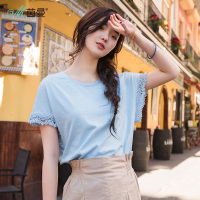 茵曼夏装新款弹性棉圆领花边蝙蝠袖宽松T恤女上衣文艺基本款