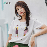 茵曼夏装新款百搭圆领纯棉文艺范手绘漫画短袖T恤女宽松上衣