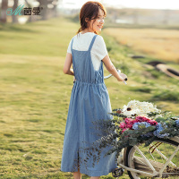 茵曼夏装新款短袖T恤可调节系带背带裙牛仔连衣裙女夏两件套
