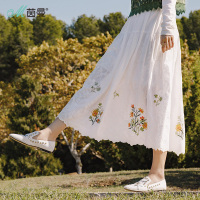 茵曼春装新款小清新文艺碎花半身裙中长款棉布百褶裙a字伞裙