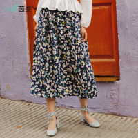 茵曼春装纯棉田园碎花半身裙小清新百褶裙女中长裙A字裙_1