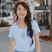 茵曼短袖衫夏装新款舒适弹性棉圆领素雅印花文艺范T恤女上衣_1