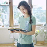 茵曼夏装圆领撞色原创文艺印花短袖T恤女套头衫上衣修身_1