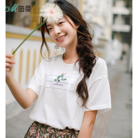 茵曼夏装圆领落肩袖时尚玫瑰印花T恤女的短袖衫上衣短款