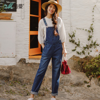 茵曼新款女装春装文艺范刺绣绣花牛仔背带裤女裤宽松直筒长裤