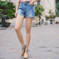 茵曼裤子2018夏装新款百搭个性破洞牛仔裤翻边热裤短裤女高腰显瘦