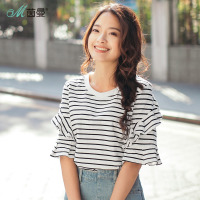 茵曼夏装新款圆领全棉荷叶袖蓝白条纹针织短袖T恤女韩版上衣
