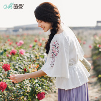 茵曼2018夏装新款圆领松紧收腰绣花中袖荷叶摆纯棉T恤女宽松显瘦