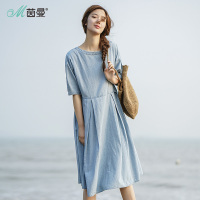 茵曼夏装新款素雅文艺一字领皱褶宽松中长款牛仔连衣裙女显瘦