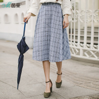 茵曼春装新款百搭显瘦格子中长款半身裙女裙子a字裙高腰伞裙