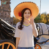 茵曼夏新款撞色条纹V领素雅简洁宽松落肩短袖T恤女短款上衣